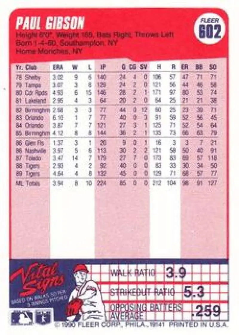 1990 Fleer #602 Paul Gibson NM-MT Detroit Tigers Baseball Card - Baseball Card Single