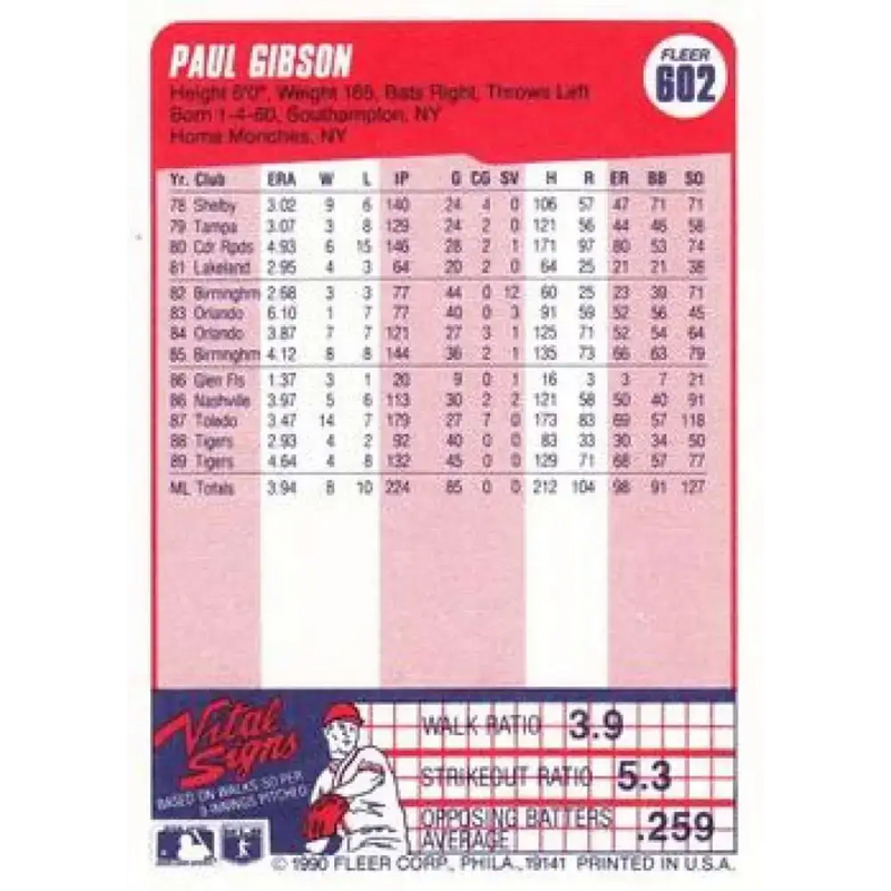1990 Fleer #602 Paul Gibson NM-MT Detroit Tigers Baseball Card - Baseball Card Single