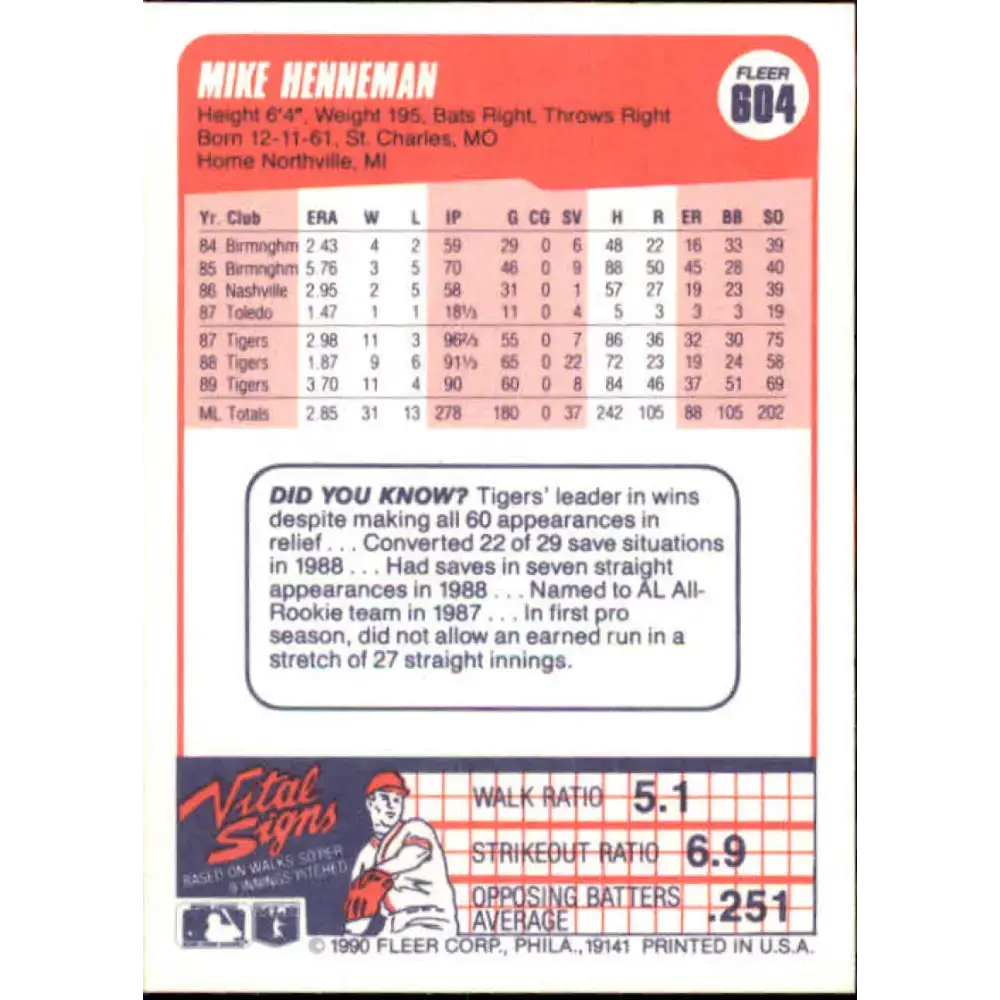 1990 Fleer #604 Mike Henneman NM-MT Detroit Tigers Baseball Card - Baseball Card Single