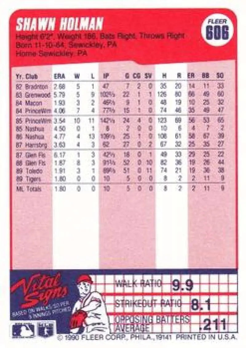 1990 Fleer #606 Shawn Holman NM-MT RC Rookie Detroit Tigers Baseball Card - Baseball Card Single