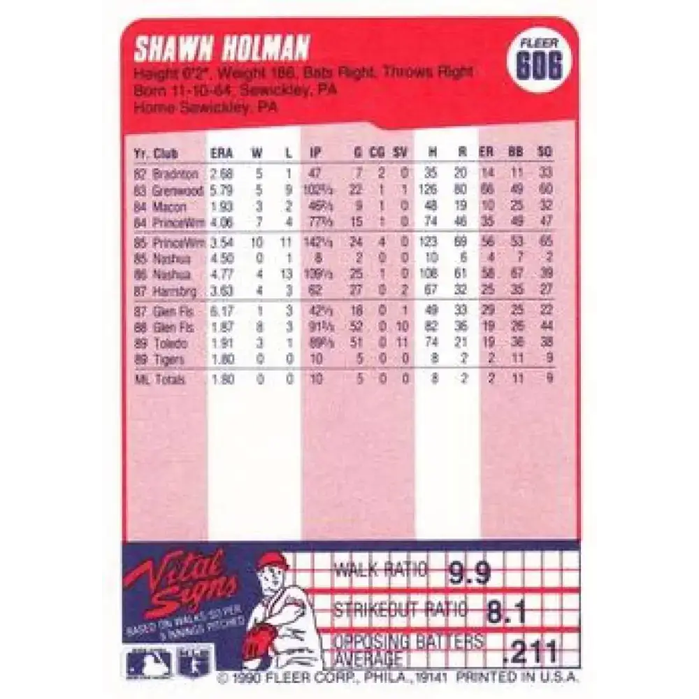 1990 Fleer #606 Shawn Holman NM-MT RC Rookie Detroit Tigers Baseball Card - Baseball Card Single