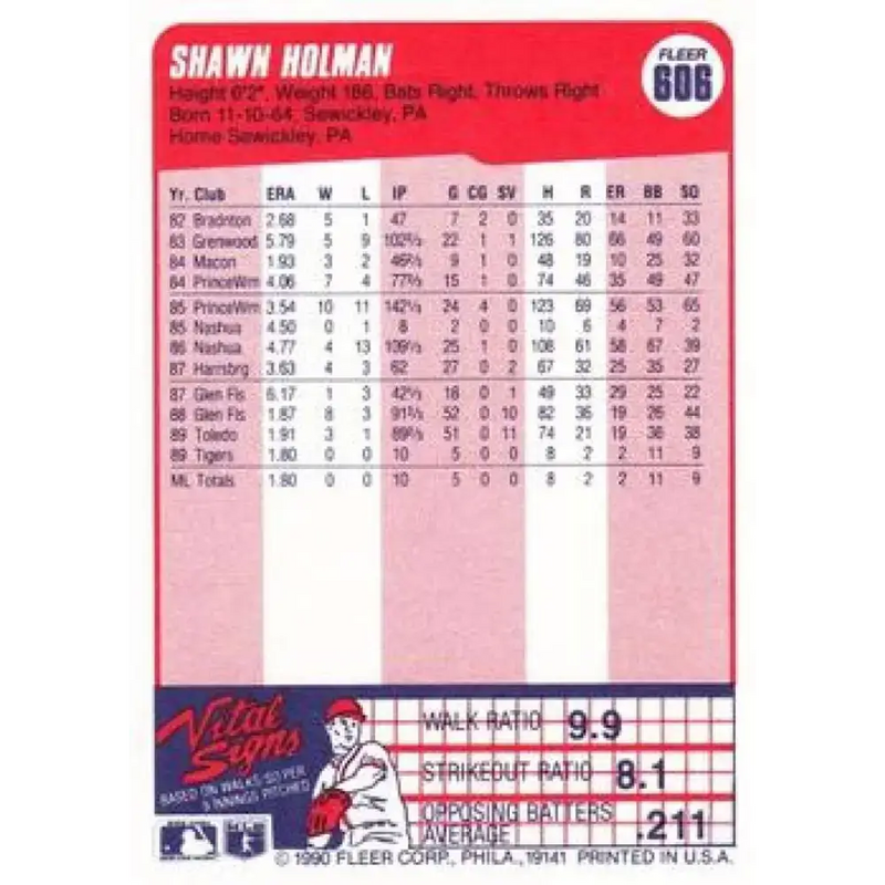 1990 Fleer #606 Shawn Holman NM-MT RC Rookie Detroit Tigers Baseball Card - Baseball Card Single