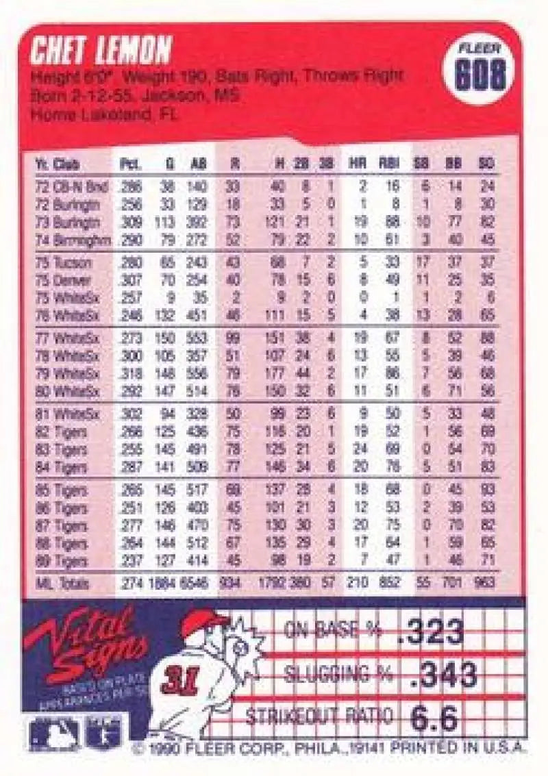 1990 Fleer #608 Chet Lemon NM-MT Detroit Tigers Baseball Card - Baseball Card Single