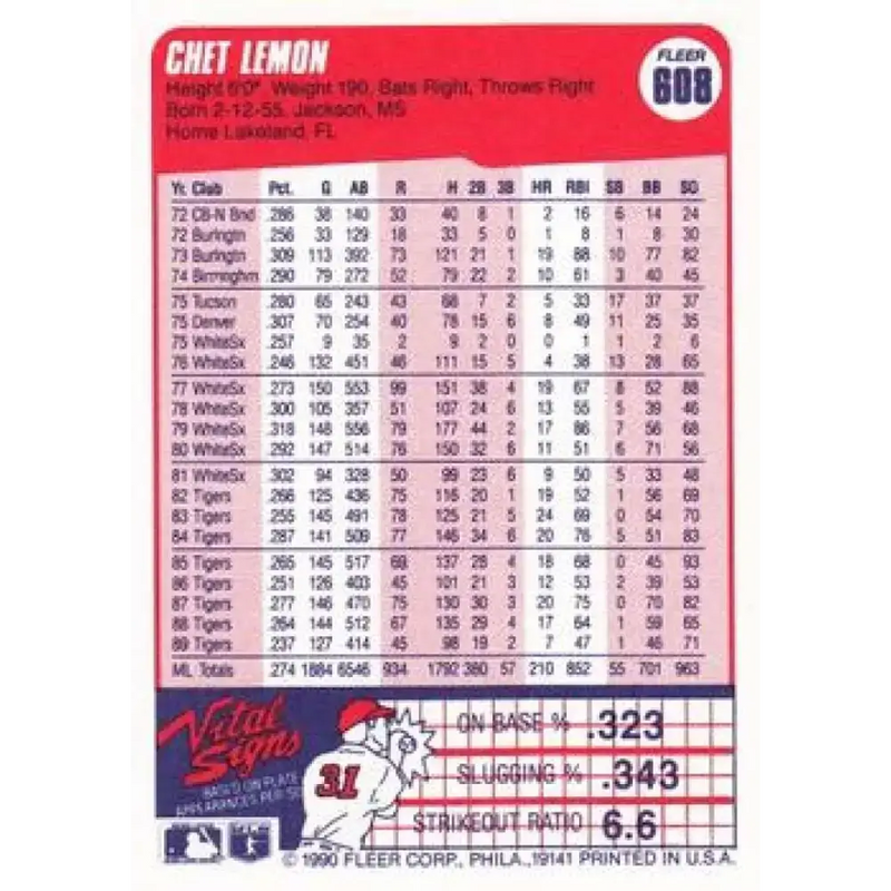 1990 Fleer #608 Chet Lemon NM-MT Detroit Tigers Baseball Card - Baseball Card Single