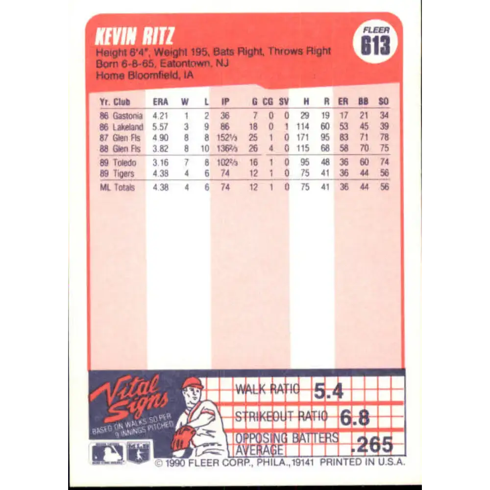 1990 Fleer #613 Kevin Ritz NM-MT RC Rookie Detroit Tigers Baseball Card - Baseball Card Single
