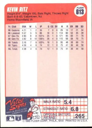 Original gloss 1990 Fleer Kevin Ritz Rookie Card featuring Kevin Ritz and Tigers