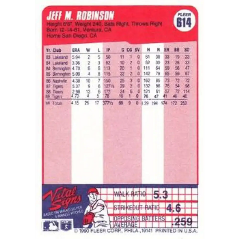1990 Fleer #614 Jeff Robinson NM-MT Detroit Tigers Baseball Card - Baseball Card Single
