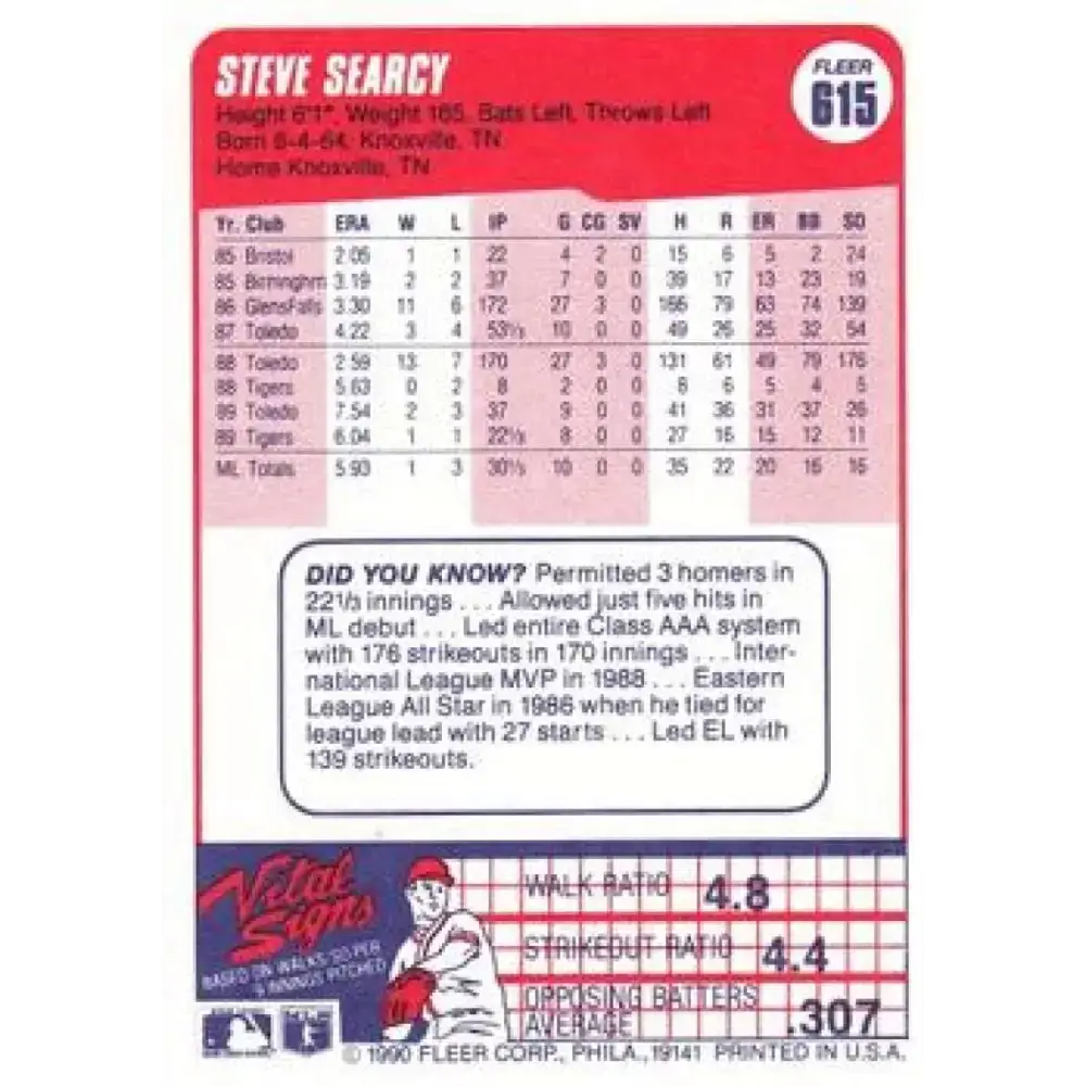 1990 Fleer #615 Steve Searcy NM-MT Detroit Tigers Baseball Card - Baseball Card Single
