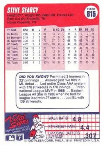 1990 Fleer #615 Steve Searcy NM-MT Tigers - Baseball Card Single