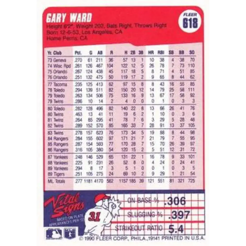 1990 Fleer #618 Gary Ward NM-MT Detroit Tigers Baseball Card - Baseball Card Single