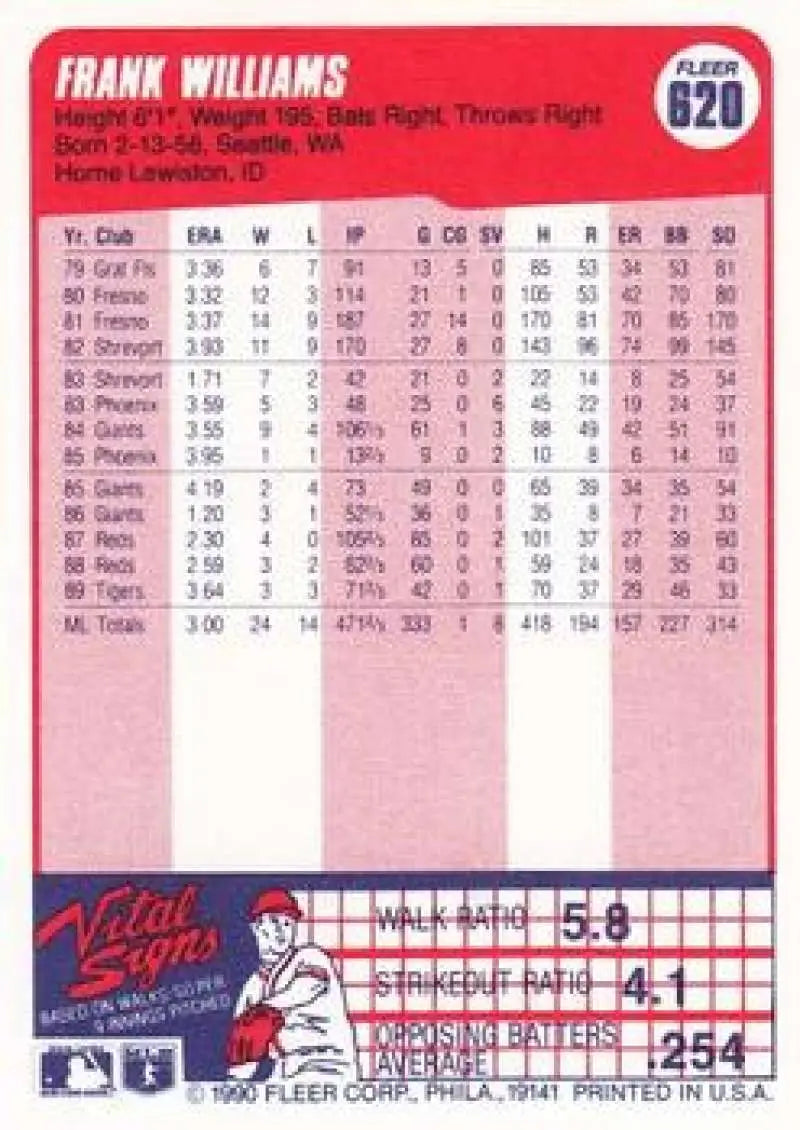 1990 Fleer #620 Frank Williams NM-MT Detroit Tigers Baseball Card - Baseball Card Single