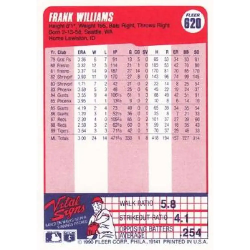 1990 Fleer #620 Frank Williams NM-MT Detroit Tigers Baseball Card - Baseball Card Single