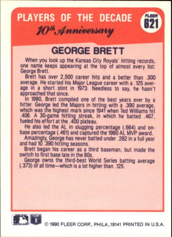 1990 Fleer #621 George Brett NM-MT Kansas City Royals Baseball Card - Baseball Card Single