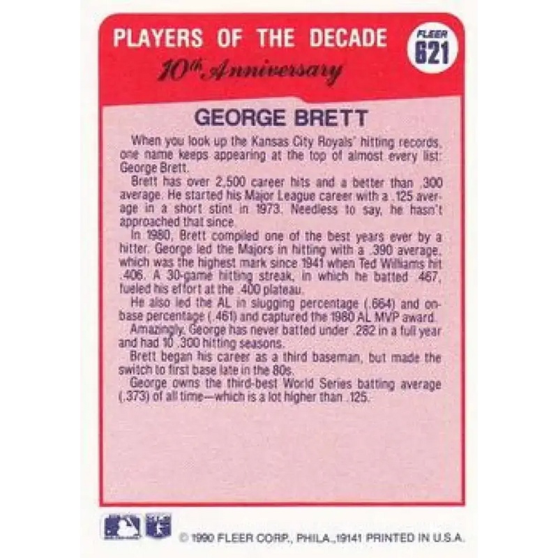1990 Fleer #621b George Brett 1980 COR NM-MT Kansas City Royals Baseball Card - Baseball Card Single