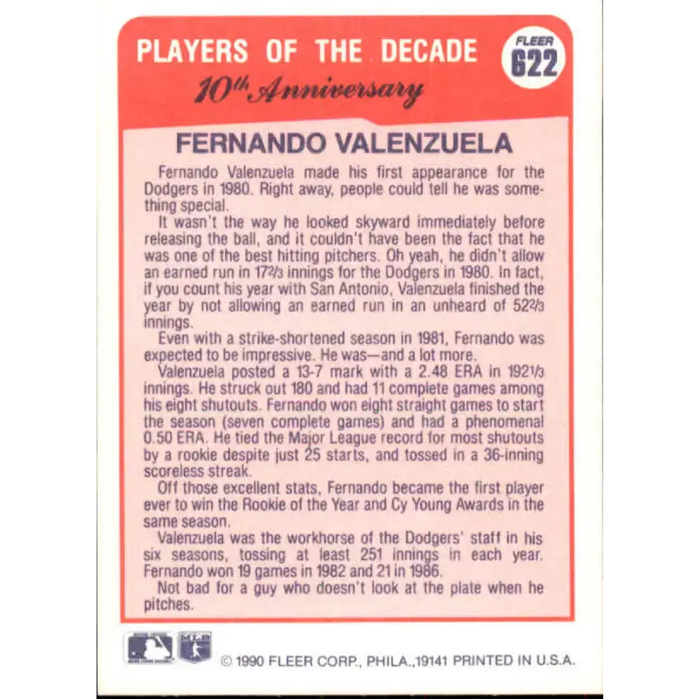 1990 Fleer #622 Fernando Valenzuela 1981 NM-MT Los Angeles Dodgers Baseball Card - Baseball Card Single