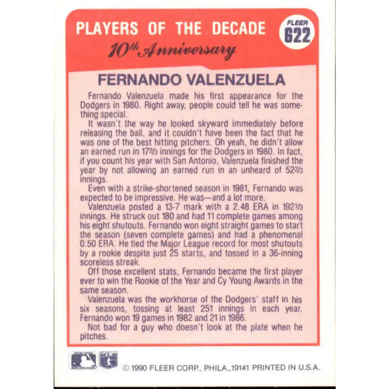 1990 Fleer #622 Fernando Valenzuela 1981 NM-MT Los Angeles Dodgers Baseball Card - Baseball Card Single