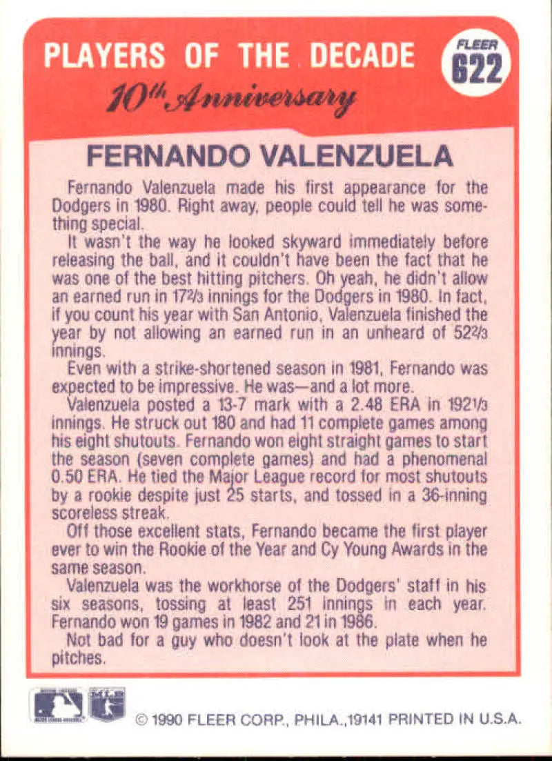 1990 Fleer #622 Fernando Valenzuela NM-MT Los Angeles Dodgers Baseball Card - Baseball Card Single