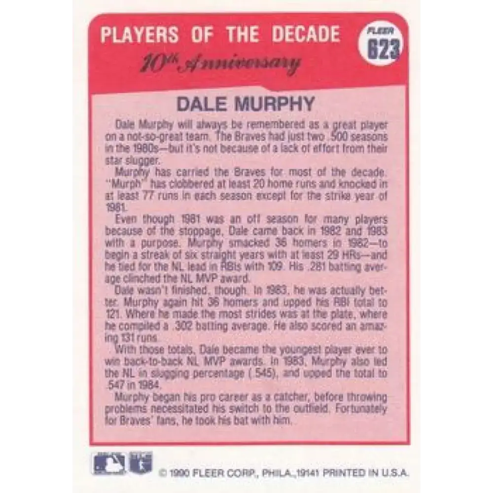 1990 Fleer #623 Dale Murphy 1982 NM-MT Atlanta Braves Baseball Card - Baseball Card Single