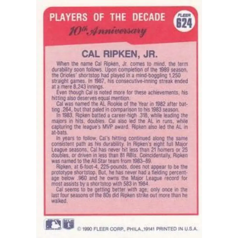 1990 Fleer #624 Cal Ripken Jr. 1983 COR NM-MT Baltimore Orioles Baseball Card - Baseball Card Single