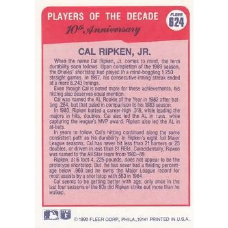 1990 Fleer #624 Cal Ripken Jr. 1983 COR NM-MT Baltimore Orioles Baseball Card - Baseball Card Single
