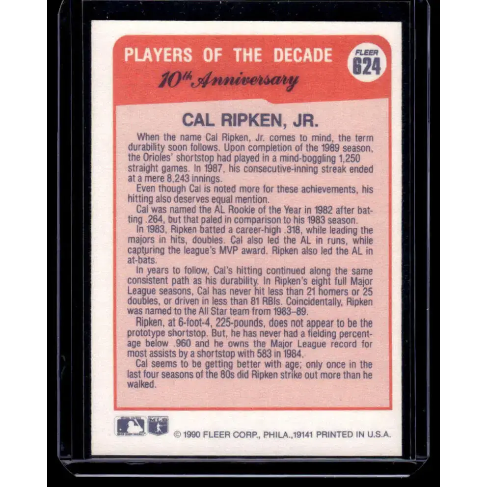 1990 Fleer #624b Cal Ripken Jr. Baltimore Orioles NM-MT Baseball Card - Baseball Card Single