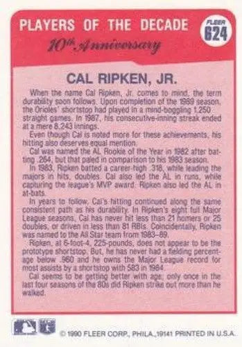 1990 Fleer #624b Cal Ripken Jr. NM-MT Orioles 1983 COR - Baseball Card Single