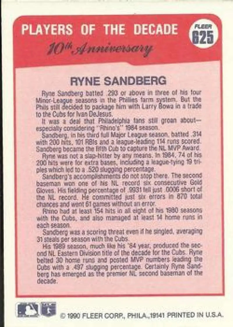 1990 Fleer #625 Ryne Sandberg NM-MT Chicago Cubs Baseball Card - Baseball Card Single