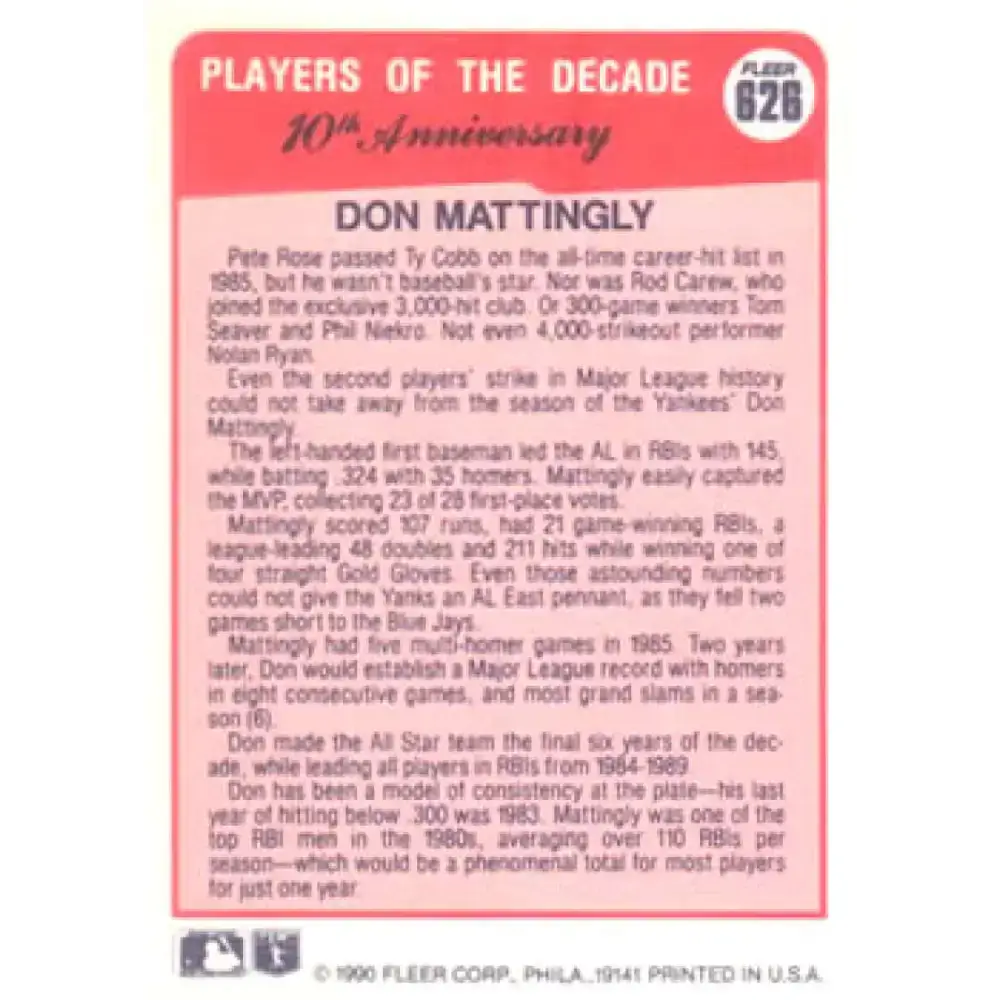 1990 Fleer #626 Don Mattingly 1985 NM-MT New York Yankees Baseball Card - Baseball Card Single