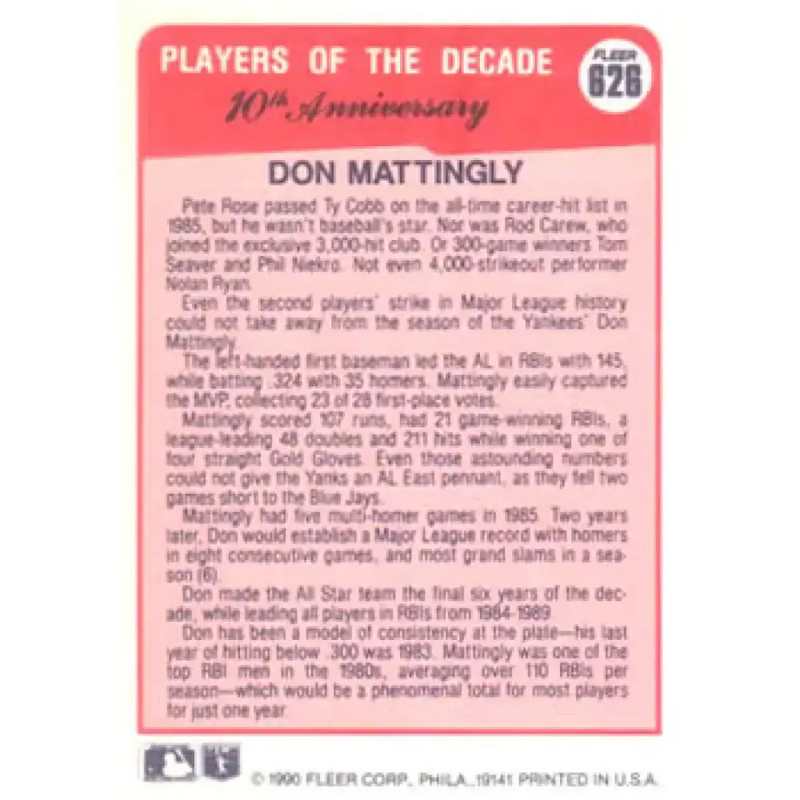 1990 Fleer #626 Don Mattingly 1985 NM-MT New York Yankees Baseball Card - Baseball Card Single