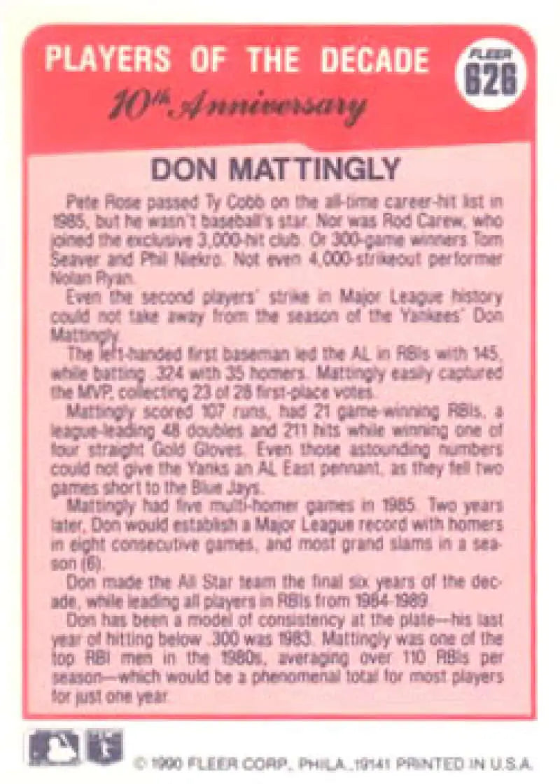 1990 Fleer #626 Don Mattingly NM-MT New York Yankees Baseball Card - Baseball Card Single