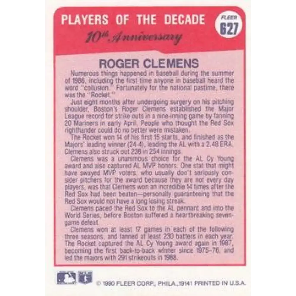 1990 Fleer #627 Roger Clemens 1986 NM-MT Boston Red Sox Baseball Card - Baseball Card Single