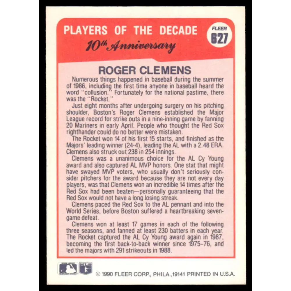 1990 Fleer #627 Roger Clemens EX/NM Boston Red Sox Baseball Card - Baseball Card Single