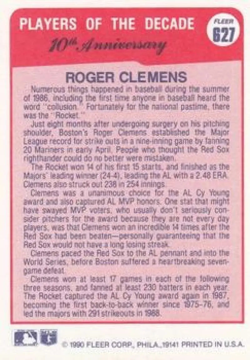 1990 Fleer #627 Roger Clemens NM-MT Boston Red Sox Baseball Card - Baseball Card Single
