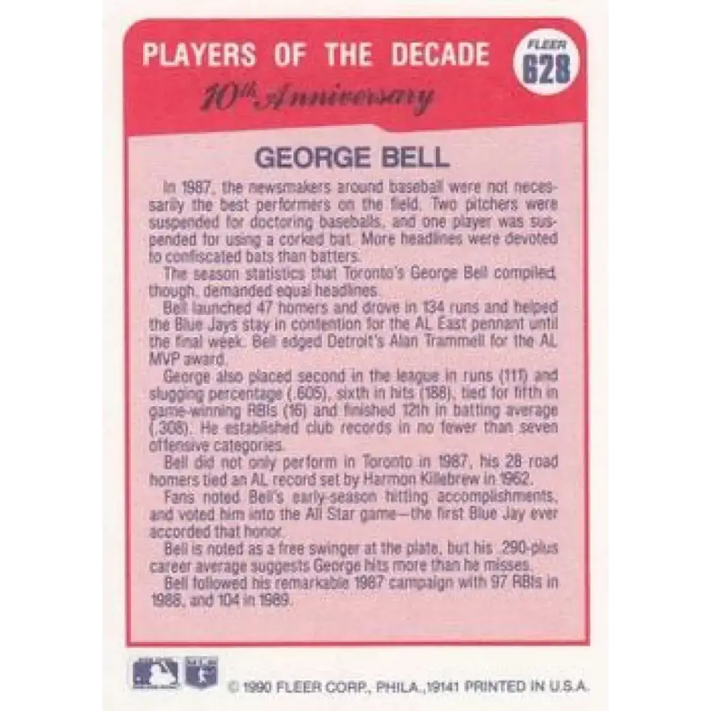 1990 Fleer #628 George Bell 1987 NM-MT Toronto Blue Jays Baseball Card - Baseball Card Single