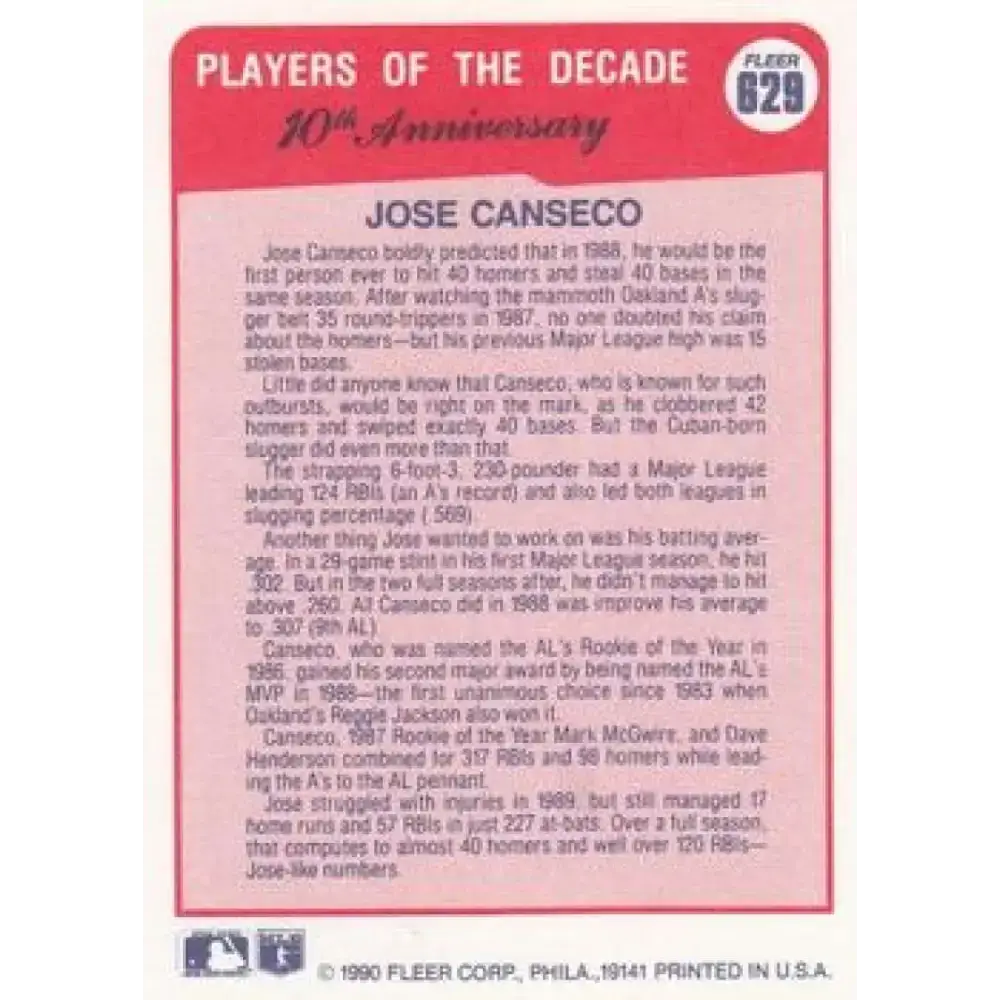 1990 Fleer #629 Jose Canseco 1988 UER NM-MT Oakland Athletics Baseball Card - Baseball Card Single