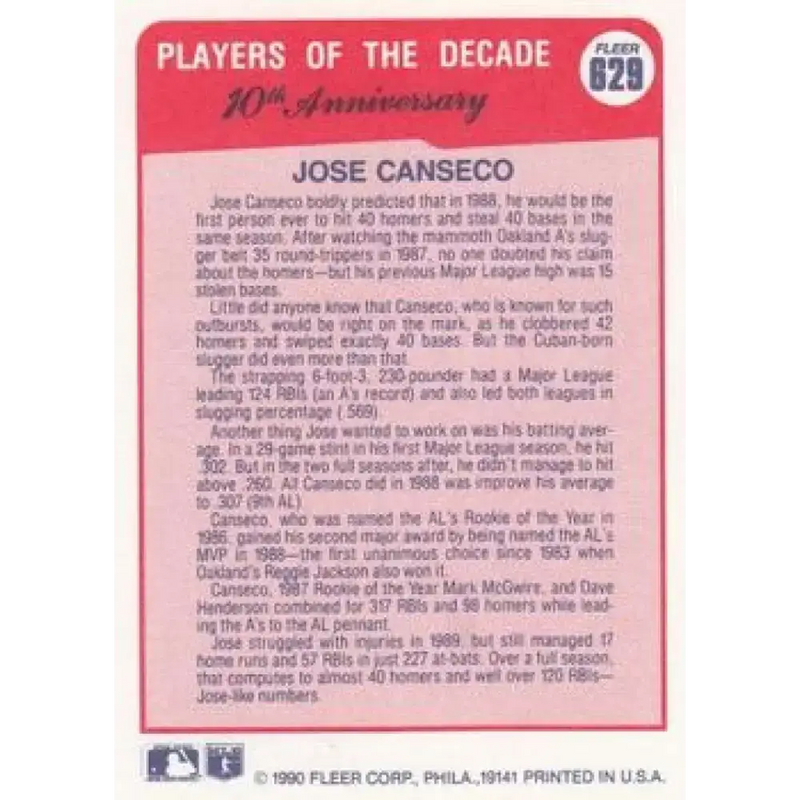 1990 Fleer #629 Jose Canseco 1988 UER NM-MT Oakland Athletics Baseball Card - Baseball Card Single