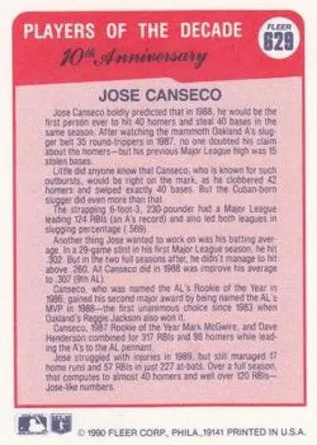 1990 Fleer #629 Jose Canseco EX/NM Athletics 1988 UER ID:33152 - Baseball Card Single