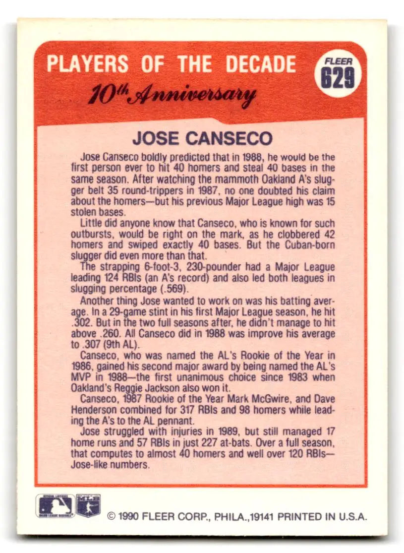 1990 Fleer #629a Jose Canseco - Baseball Card Single