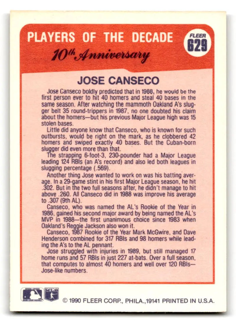 1990 Fleer #629a Jose Canseco - Baseball Card Single