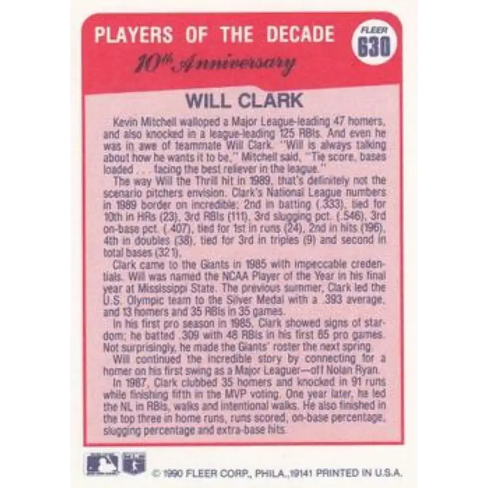 1990 Fleer #630 Will Clark 1989 NM-MT San Francisco Giants Baseball Card - Baseball Card Single