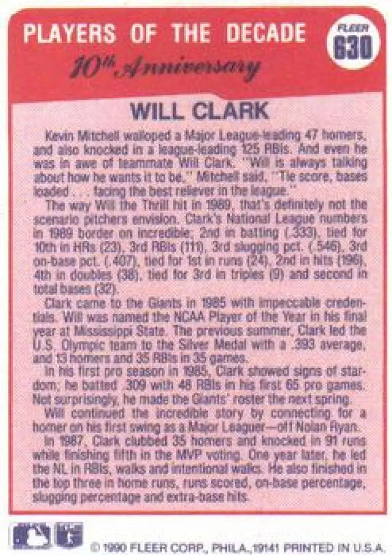 1990 Fleer #630 Will Clark NM-MT San Francisco Giants Baseball Card - Baseball Card Single