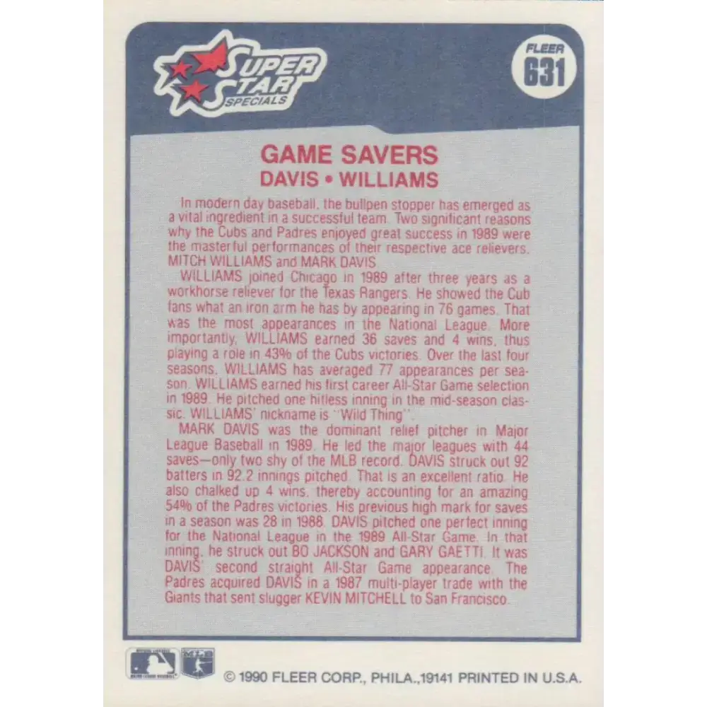 1990 Fleer #631 Mark Davis/Mitch Williams Game Savers NM-MT San Diego Padres/Chicago Cubs Baseball Card - Baseball Card