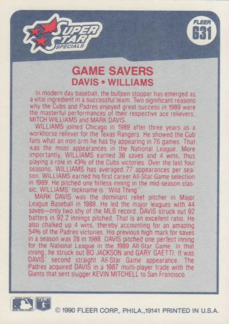 1990 Fleer #631 Mark Davis/Mitch Williams NM-MT San Diego Padres/Chicago Cubs Baseball Card - Baseball Card Single