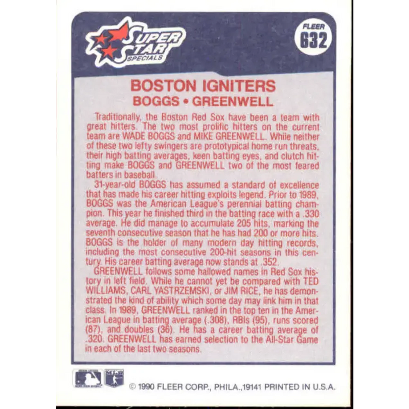 1990 Fleer #632 Wade Boggs/Mike Greenwell Boston Igniters NM-MT Boston Red Sox Baseball Card - Baseball Card Single