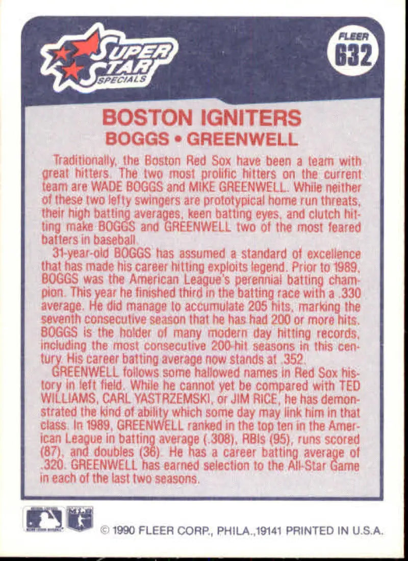 1990 Fleer #632 Wade Boggs/Mike Greenwell NM-MT Boston Red Sox Baseball Card - Baseball Card Single