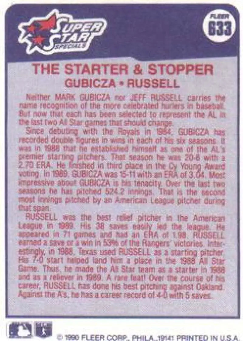 1990 Fleer #633 Mark Gubicza/Jeff Russell NM-MT Kansas City Royals/Texas Rangers Baseball Card - Baseball Card Single