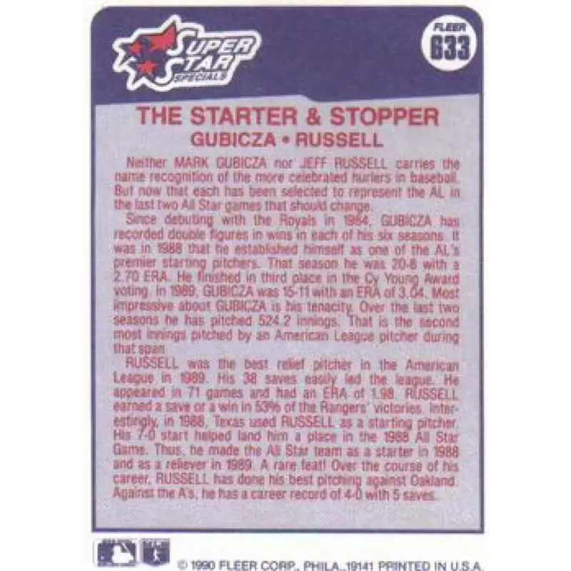 1990 Fleer #633 Mark Gubicza/Jeff Russell Starter and Stopper NM-MT Kansas City Royals/Texas Rangers Baseball Card