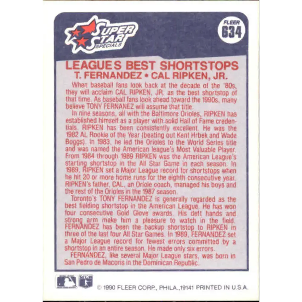 1990 Fleer #634 Tony Fernandez/Cal Ripken Jr. Leagues Best Shortstops NM-MT Toronto Blue Jays/Baltimore Orioles