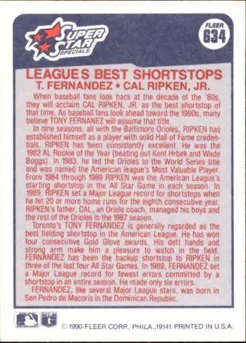 1990 Fleer #634 Tony Fernandez/Cal Ripken Jr. NM-MT Leagues Best Shortstops - Baseball Card Single