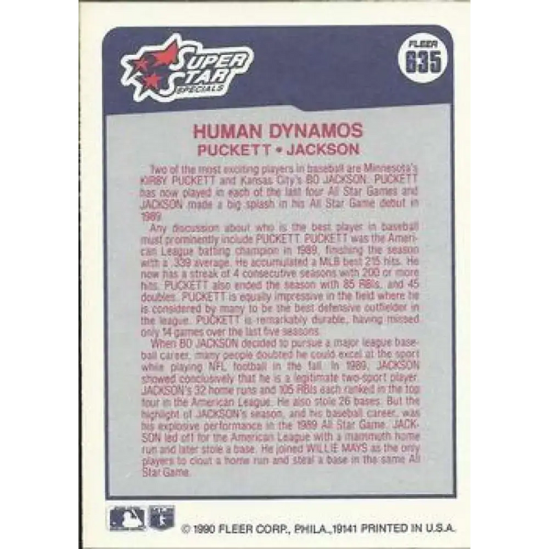 1990 Fleer #635 Kirby Puckett/Bo Jackson Human Dynamos NM-MT Minnesota Twins/Kansas City Royals Baseball Card